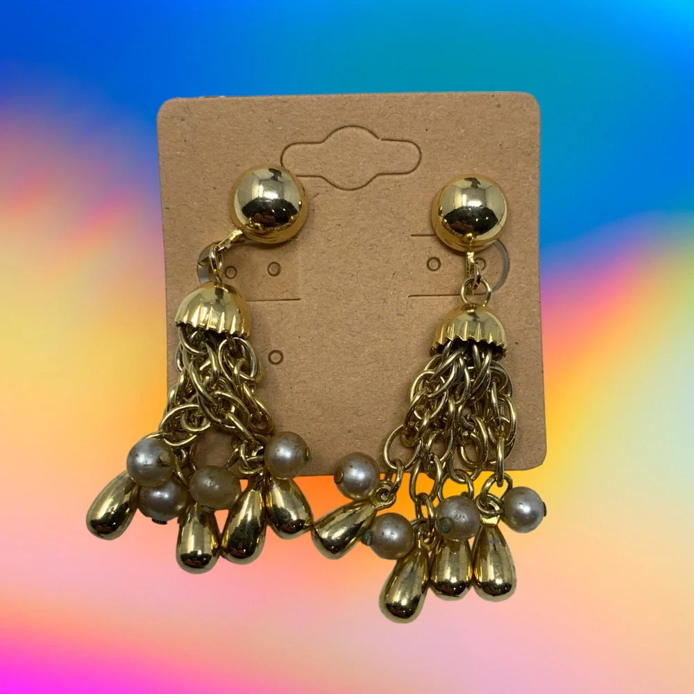 Vintage Gold Tone & Faux Pearl Chandelier Dangle Pierced Earrings Runway Couture